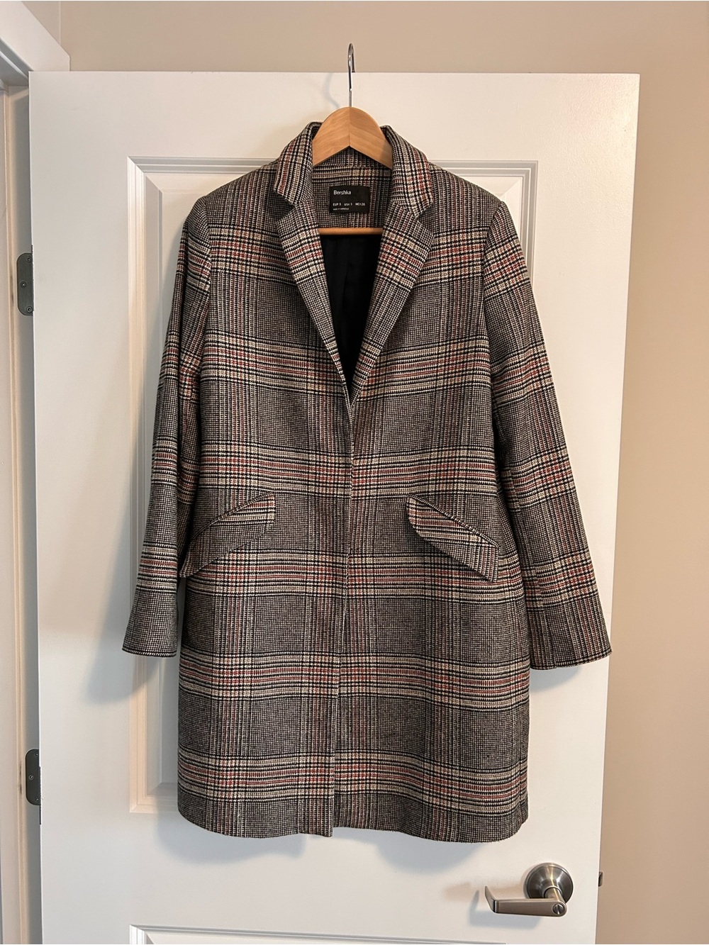 Bershka Gray Plaid Trench Coat with Red Accent